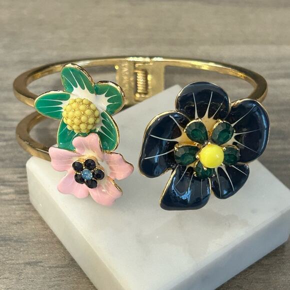 Talbots Jewelry - Talbots Enamel Flowers jeweled Hinged Bangle Cuff Bracelet #163. Large